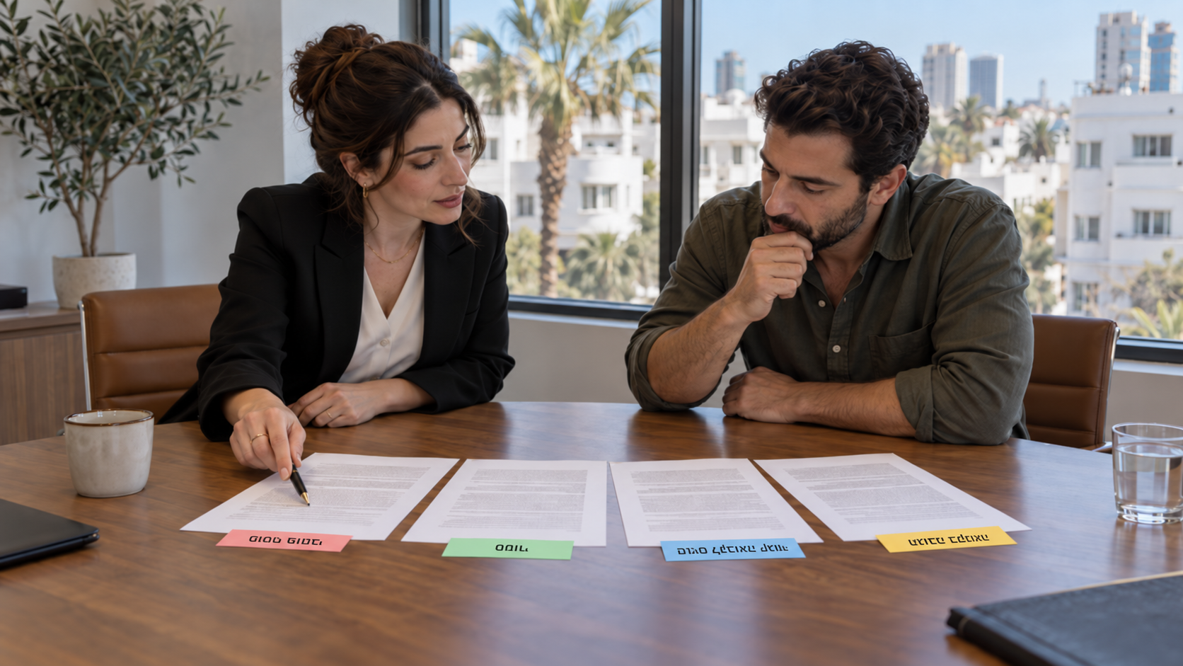 עורכת דין ולקוח בוחנים ארבעה עמודי מסמך עם תוויות צבעוניות לצורך הוכחת פרסום בלשון הרע